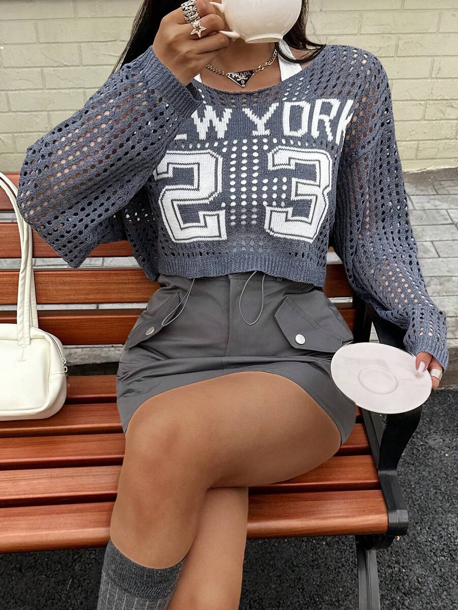 Summer Alphanumeric Hollow Crochet Short Y2K Hot Girl Long Sleeved Vacation Rave Outfits - Grey - View 1