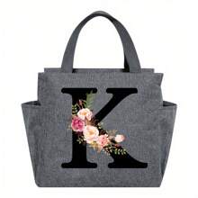 1pc Elegant Floral & Letter Tote Bag - Insulated Lunch Bag, Made Of Durable Polyester, Grey With Pink Flowers & Green Leaves, Suitable For Office, School And Outdoor Picnic