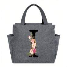 1pc Elegant Floral & Letter Tote Bag - Insulated Lunch Bag, Made Of Durable Polyester, Grey With Pink Flowers & Green Leaves, Suitable For Office, School And Outdoor Picnic