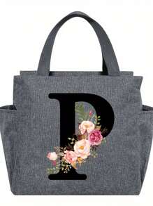 1pc Elegant Floral & Letter Tote Bag - Insulated Lunch Bag, Made Of Durable Polyester, Grey With Pink Flowers & Green Leaves, Suitable For Office, School And Outdoor Picnic