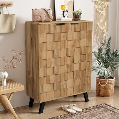MERAX Schuhschrank 80.5 x 35 x 109.5 cm mit 3D-Holzoptik, mit Schwarz Griffe und Beine, 2-türiger Schuhschrank mit 5 Fächern fur Eingang, Stil und Wohnzimmer, Holzfarbe