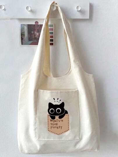1pc Women's Beige Canvas Tote Bag With Black Cat Print, Shopping Shoulder Bag