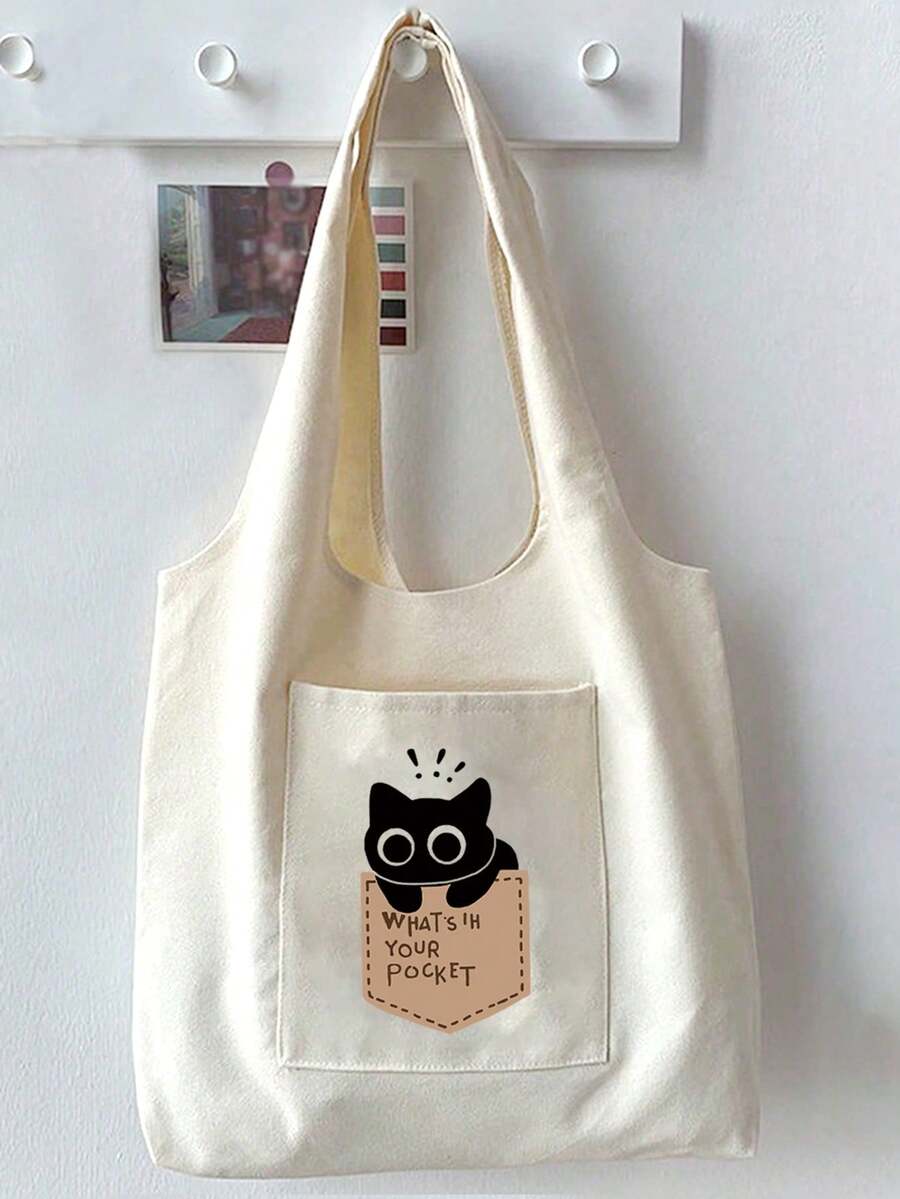1pc Women's Beige Canvas Tote Bag With Black Cat Print, Shopping Shoulder Bag