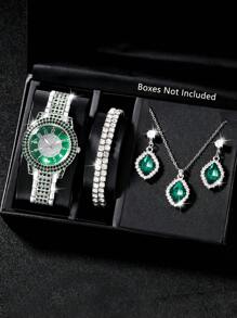 Conjunto de 7 peças de Relógio de Pulso Feminino é Lindo, Elegante, Mostrador Redondo Totalmente Diamantado, Pulseira, É um Conjunto de Relógio de Luxo a Quartzo e Colar Pingente, Brincos, Anel e Pulseira, Ideal para Uso Diário, Temporada de Volta às Aulas, Temporada de Formatura, Ação de Graças, Casais, Melhor Presente (Caixa do Relógio não Incluída)