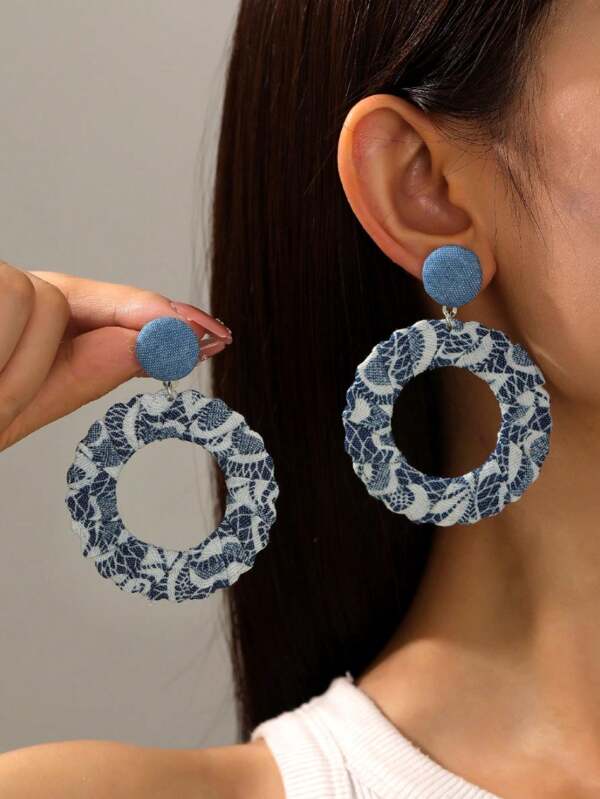 1 par de pendientes redondos exagerados con estilo vintage occidental/estampado de tela de mezclilla, adecuado para mujeres fashion casuales/vacaciones, gran regalo para amigos