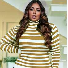 Plus Size Cold Knit Cacharrel Blouse Thick Stripes High Neck Women's - 鏽棕色 - 查看 2