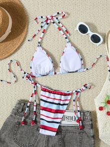 两件套新款时尚女士比基尼泳装，露背印花碎花条纹撞色设计，配金属装饰，适合度假海滩夏季穿着。 - 彩色 - 查看 4