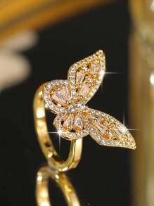 1 pieza Anillo abierto de mujer con decoración de mariposa hueca con circonita cúbica, versátil, ideal para uso diario, decoración, vacaciones, viajes, compromiso y aniversario