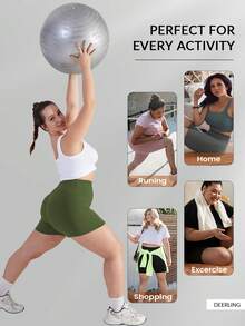 大码女式高腰黑色瑜伽短裤，收腹提臀，带口袋，适合健身、骑行、跑步及各种场合。 - 軍綠色 - 查看 7