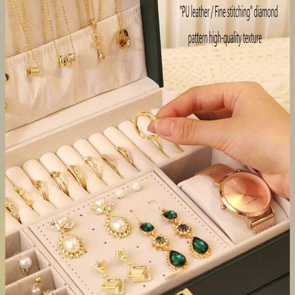 1pc Leather Dual Layer Jewelry Box, Portable Necklace Ring Watch Organizer Storage Box, Large Capacity For Women Storage Organizer Travel Essentials Gift Back To School
