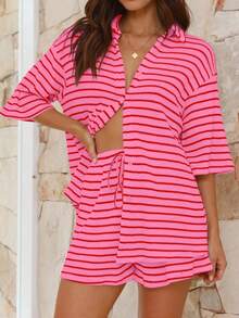 Knit Casual Striped Sports Tracksuit, Including Turndown Collar Button-Up Shirt Top & Elastic Waist Loose Shorts Set, Suitable For Daily Wear, Home, Travel, Business, Beach For Spring/Summer