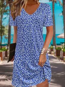 Fashionable Lightweight Elegant Ditsy Floral Short Sleeve Long Dress For Women, Versatile Casual Vacation Office Wear, Spring/Summer Popular New Style
