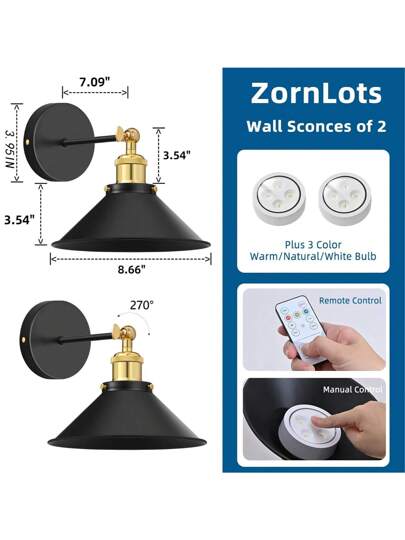 Gold/Black Battery Powered Wand Light, Retro Verlichting Fixture Farmho Wireless Piece Set, Remote Control Adjustable, Bedroom Industrial Corridors view 7