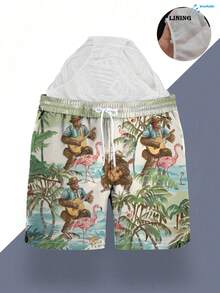 Shorts d'été pour hommes avec motif imprimé, taille à cordon de serrage, poches latérales, séchage rapide à double couche et doublure en maille. Motif flamant rose et palmier 3D, décontractée pour la plage, les vacances et les loisirs - Multicolore - Voir 2