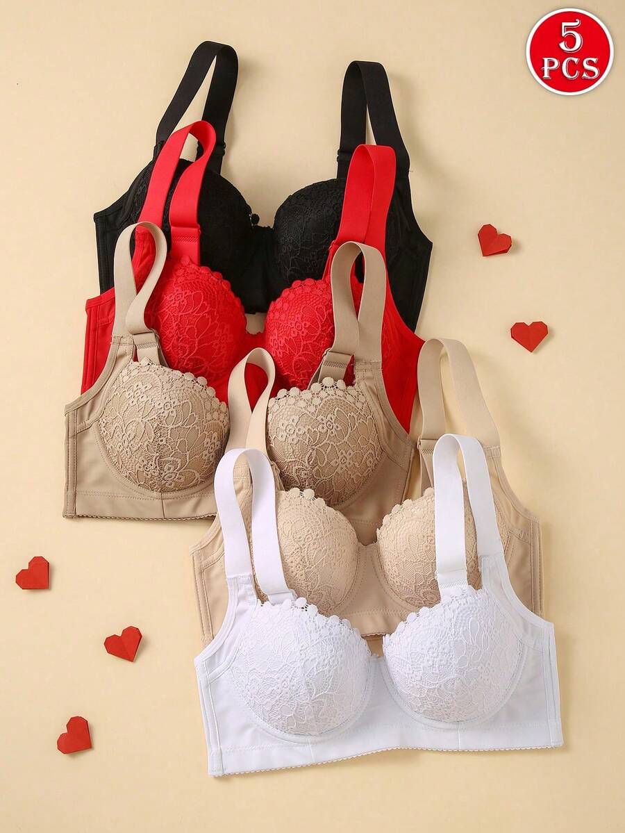 Hersunei 蜜桃女孩5件套多色性感蕾丝文胸，舒适钢圈聚拢文胸，女士