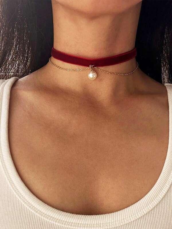 Burgundy Love Heart Velvet Choker Necklace, Wholesale Women Collarbone Chain