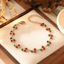 1 pièce Bracelet décoratif en acier inoxydable plaqué or 18K avec des cerises colorées, mode pour les fêtes, les rendez-vous et le travail