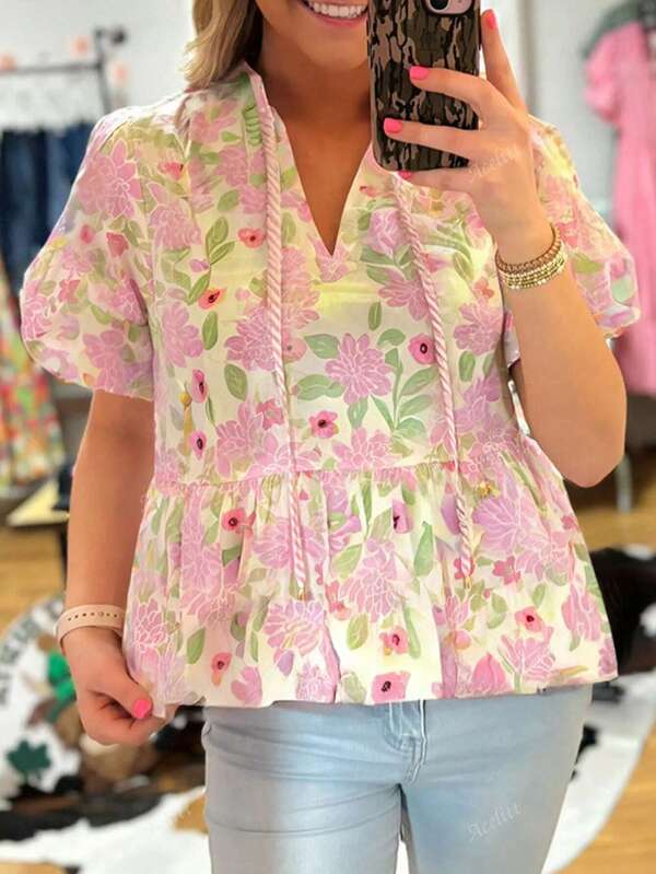 Acelitt Summer Pink Floral Print Drawstring V Neck Peplum Casual Short Sleeve Blouse
