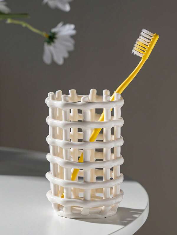 1pc Handmade Ceramic Woven Storage Basket Pen Holder Desk Decor Organizer, Multi-Functional Container, Couple Toothbrush Cup, White & Coffee Color