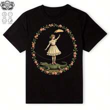 220g Cotton  Girl, Alligator, Umbrella - Whimsical Vintage Circus Design, Soft Breathable Fabric, Unique Graphic Print T-Shirt, Available In Sizes S-XXL, Perfect For Art Lovers Quirky Fashion, Durable Comfortable Everyday Wear, Retro - Black - View 1