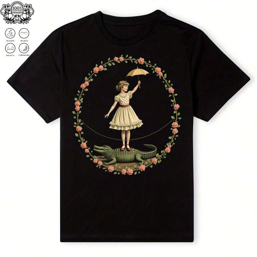 220g Cotton Girl, Alligator, Umbrella - Whimsical Vintage Circus Design, Soft Breathable Fabric, Unique Graphic Print T-Shirt, Available In Sizes S-XXL, Perfect For Art Lovers Quirky Fashion, Durable Comfortable Everyday Wear, Retro - Black - View 1
