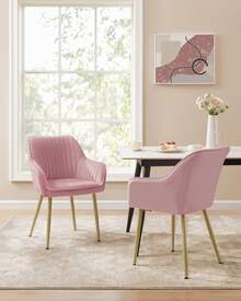 Sedia da Pranzo, Sedia da Cucina, Poltrona in Velluto Imbottita con Braccioli, Regge 120 kg, Gambe in Metallo, per Sala da Pranzo, Cucina,  Rosa Pastello e Dorato Pallido - Rosa - Visualizzare 3