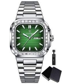 POEDAGAR 1块不锈钢方形表盘日期石英表，休闲防水夜光男士手表，时尚腕表，适合日常佩戴，男士礼物 - 均碼 - 查看 16