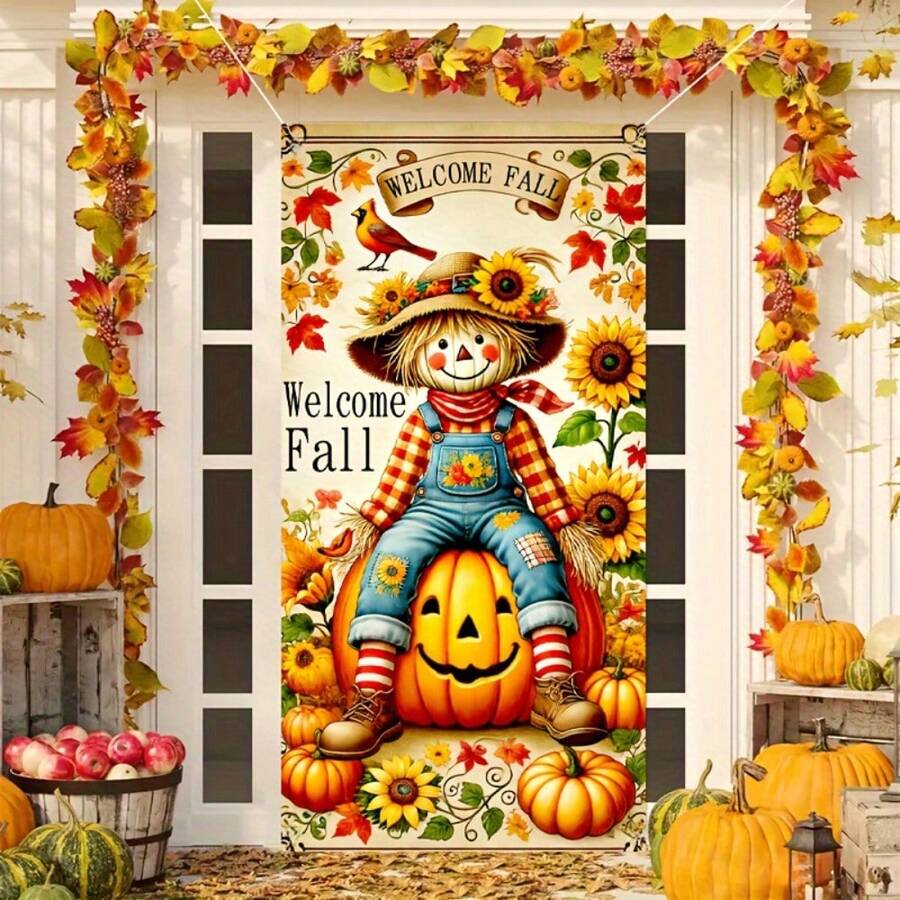 35.4"X70.9" Polyester Scarecrow & Pumpkin Thanksgiving Decor Door Curtain, Suitable For Indoor & Outdoor Thanksgiving Decor, Party Banners, Porch And Room Backdrop - 1PCS - View 1