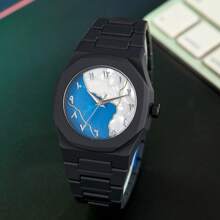 1 pieza Reloj de pulsera de cuarzo clásico y creativo para hombre, de estilo casual de negocios en azul, negro y rosa, con diseño de números arábigos y dibujos animados, adecuado para la oficina, deportes, cumpleaños, regalo para días festivos