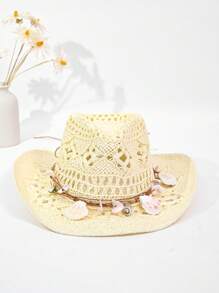1 Peça Chapéu do Panamá Boêmio de Cor Sólida com Contas e Recortes, Chapéu de Sol Decorativo Casual com Proteção UV, Moda Combinável para Atividades ao Ar Livre, Todas as Estações