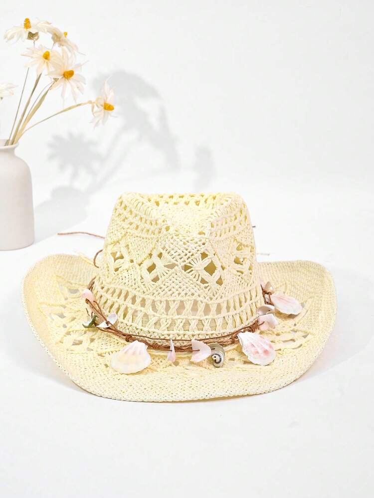 1 pieza Sombrero de paja de Panamá hueco de unicolor bohemio, sombrero de sol decorativo de protección UV casual, versátil y de moda, adecuado para actividades al aire libre, todas las estaciones - sombrero de paja panamá - Añade 13