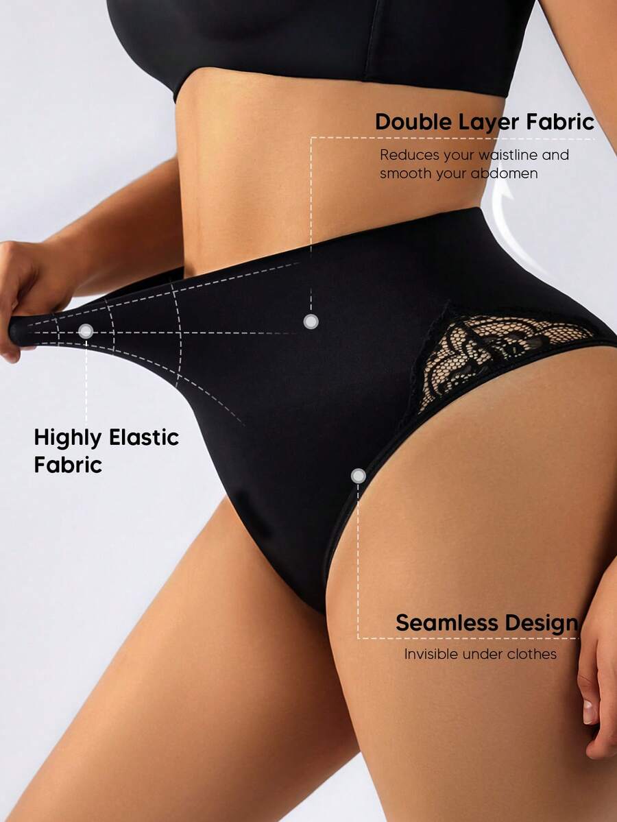 Plus Size Lace Tummy Control Thong - Seamless Shapewear, Mid-Waist Design - Black - View 1