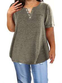Plus Size Women's Summer Comfortable New Top Solid Color V-Neck Short Sleeved Pocket Loose T-Shirt - màu xanh lá - Xem 1