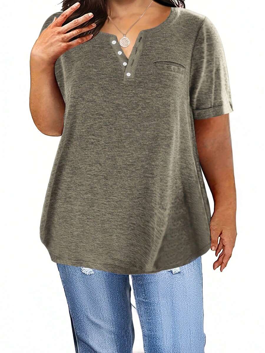 Plus Size Women's Summer Comfortable New Top Solid Color V-Neck Short Sleeved Pocket Loose T-Shirt - màu xanh lá - Xem 1