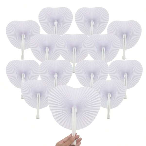 12pcs White Heart Shaped Blank Paper Fans, European Wedding Supplies, DIY Party Decorations, Heart Shaped Fan, Advertising Fan, Gift