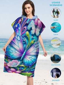 1pc Butterfly & Floral Pattern Hooded Cloak Robe, Lightweight Wearable Beach Towel For Surfing, Swimming, Bathing, Outdoor Sports, Adult Hooded Towel Robe Back To School - Multicolor - View 6