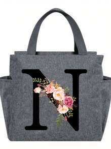 1pc Elegant Floral & Letter Tote Bag - Insulated Lunch Bag, Made Of Durable Polyester, Grey With Pink Flowers & Green Leaves, Suitable For Office, School And Outdoor Picnic