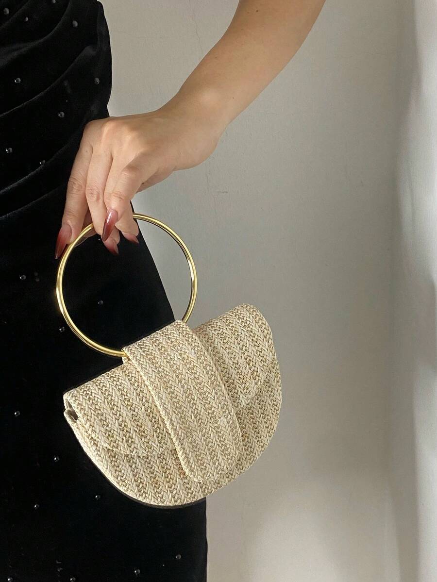 Mini Fashionable Straw Handbag, Women's Tote Bag, Crescent-Shaped, Lightweight, Ideal For Beach, Handheld Or Shoulder Carry, Summer Essential Ladies' Vacation Purse, Wallet, Phone Bag, Straw Woven Bag, Beach Bag, Suitable For Party, Wedding, Anniversary, Birthday, A Great Gift For Women