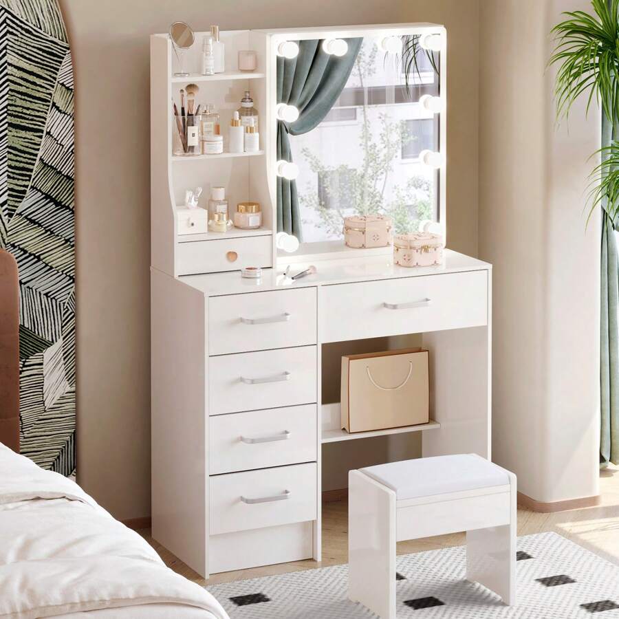 Vanity Desk With Mirror And Lights, Makeup Vanity With 5 Drawers And Open Storage Shelves, 3-Color Adjustable Lighting, Modern Vanity Table With Stool For Bedroom - 白色 - 查看 1