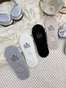 4 Pairs Women's Spring/Summer/Autumn Letter & Heart Print Thin Invisible Boat Socks With Non-Slip Heel Design, Suitable For Daily Wear - Multicolor - View 10