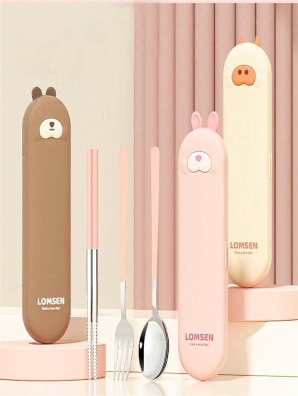 1 Set Of 3 Pcs Cute Cartoon Portable 304 Stainless Steel Chopsticks, Spoon And Fork Set, Portable Tableware For Students And Workers On Outdoor Picnics., School Supplies