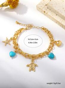 1 Peça Pulseira com Temática Oceânica, Estrela do Mar, Tartaruga, Concha e Coração de Pedra