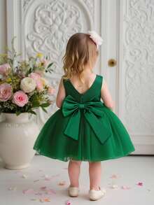 女婴无袖V领露背蝴蝶结花童礼服，适合派对、婚礼、节日等场合，不含头饰 - 墨綠色 - 查看 5