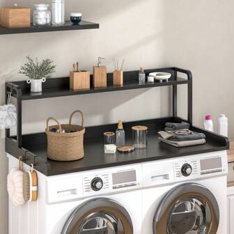2-Tier Washer Dryer Wood Countertop With Shelf, Laundry Topper With Non-Slip Mat, 27.6" Depth X 54" Width Dryer Covers For The Top With Edge Rail Back To School