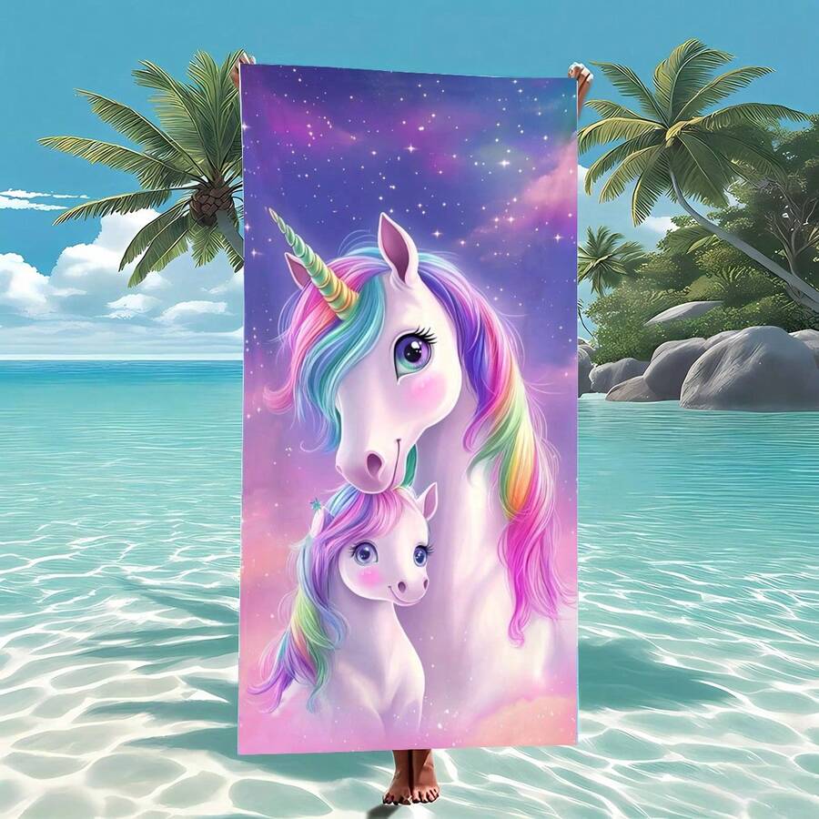 1 pièce Serviette de plage personnalisée grande avec design arc-en-ciel licorne colorée, convenant à un usage extérieur, camping, natation, vacances, excellent cadeau et accessoire de plage essentiel - Violet - Voir 1