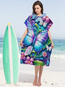 1pc Butterfly & Floral Pattern Hooded Cloak Robe, Lightweight Wearable Beach Towel For Surfing, Swimming, Bathing, Outdoor Sports, Adult Hooded Towel Robe Back To School - Multicolor - View 18