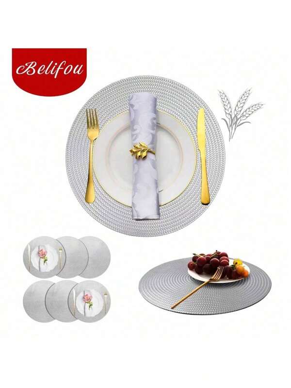 Belifou Belifou Kit 6 Individuais De Mesa Em PVC Mesa De Jantar Prata 38CM - Matio