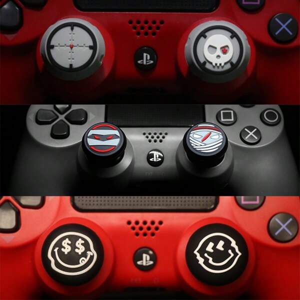 2 Packs Joystick Caps For P5/P4/Switch Pro/XBO Controllers - Mushroom Head Design With Smiling Face, Black & White , Skull & Solid Color Protective Covers