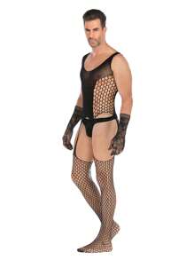 Men's Open-Crotch Seductive Nightwear High-Elastic Jacquard Bodysuit.Gloves Are Not Included.Sexy Lingerie
