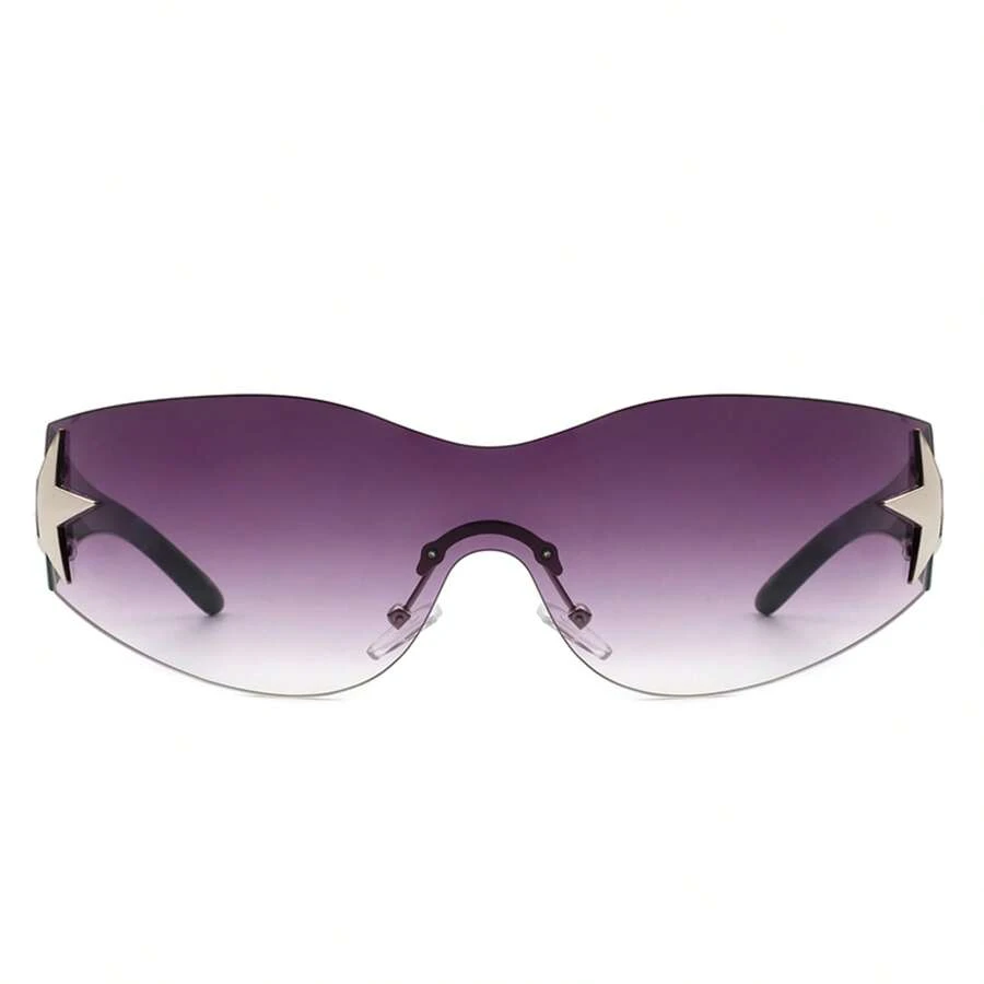 1pc Frameless Sleek Retro Y2K Style Fashion Sunglasses, Wrap-Around Sporty Rimless Women Shades, Glasses For Festival, Outdoor, Travel, Summer, Beach Accessories - 橄欖色/紫色 - 查看 1